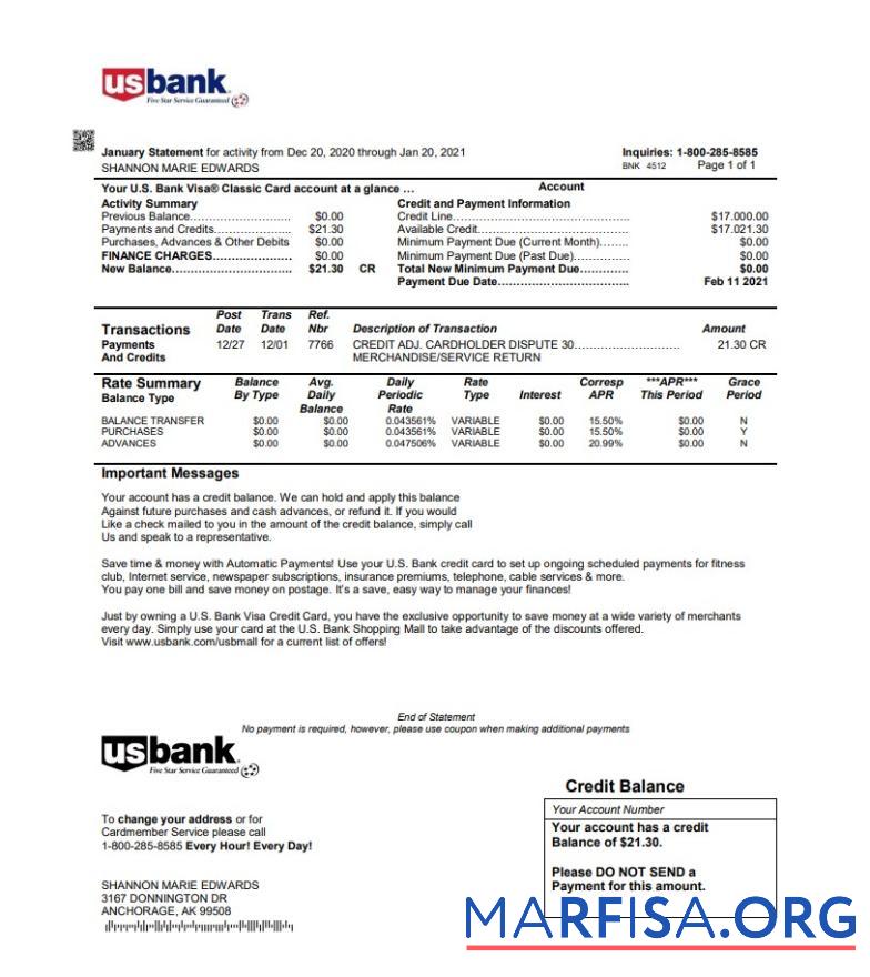 Downloadable USA U.S. bank credit card statement word template